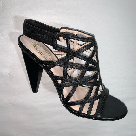 NWOB size 37 ELIE TAHARI black leather caged heels - Picture 1 of 6